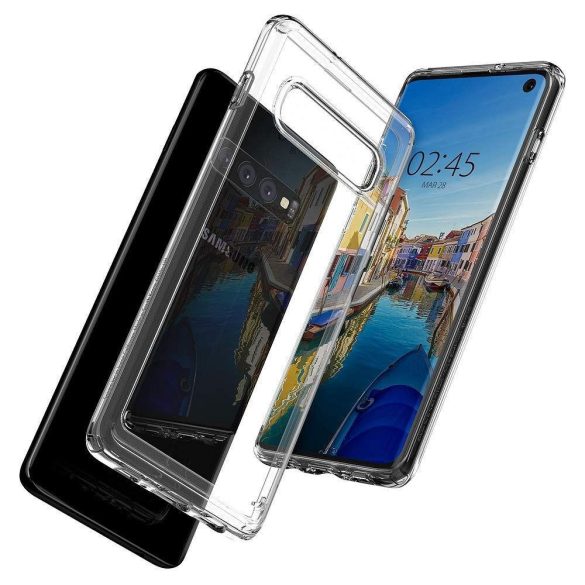 Samsung Galaxy S10 Plus SM-G975, TPU szilikon tok + műanyag keret, közepesen ütésálló, Spigen Crystal Hybrid, átlátszó
