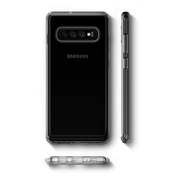 Samsung Galaxy S10 Plus SM-G975, TPU szilikon tok + műanyag keret, közepesen ütésálló, Spigen Crystal Hybrid, átlátszó
