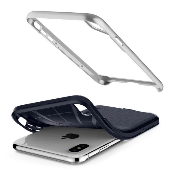 Samsung Galaxy Note 10 / 10 5G SM-N970 / N971, TPU szilikon tok, műanyag kerettel, Spigen Neo Hybrid, halszálka minta, ezüst
