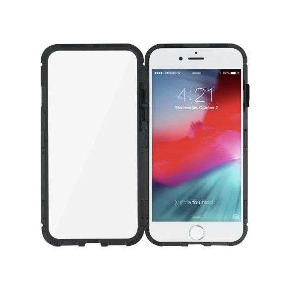 Apple iPhone 11 Pro Max, Alumínium mágneses védőkeret, elő- és hátlapi üveggel, Magnetic Full Glass, átlátszó/fekete