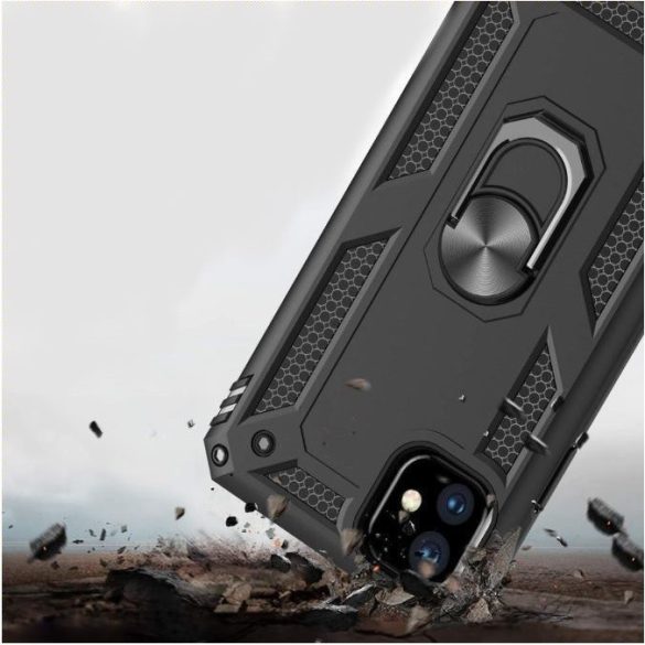 Huawei Honor 9X, Műanyag hátlap védőtok, közepesen ütésálló, szilikon belső, telefontartó gyűrű, Defender, fekete