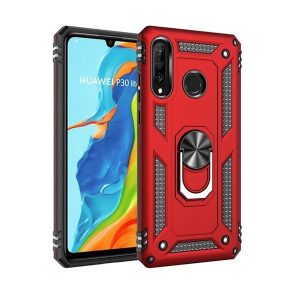 Xiaomi Redmi Note 8, Műanyag hátlap védőtok, közepesen ütésálló, szilikon belső, telefontartó gyűrű, Defender, piros