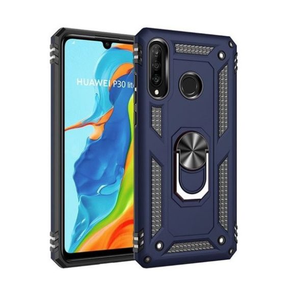 Huawei P20 Lite (2019), Műanyag hátlap védőtok, közepesen ütésálló, szilikon belső, telefontartó gyűrű, Defender, sötétkék