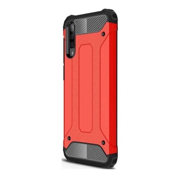 Motorola One Action, Műanyag hátlap védőtok, Defender, fémhatású, piros