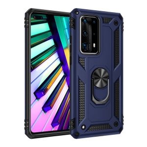 Xiaomi Redmi Note 8 Pro, Műanyag hátlap védőtok, közepesen ütésálló, szilikon belső, telefontartó gyűrű, Defender, sötétkék