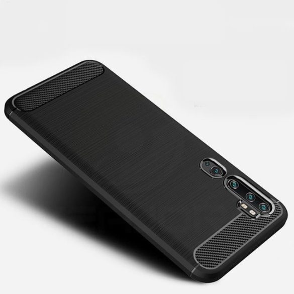 Samsung Galaxy A71 SM-A715F, Szilikon tok, közepesen ütésálló, szálcsiszolt, karbon minta, fekete