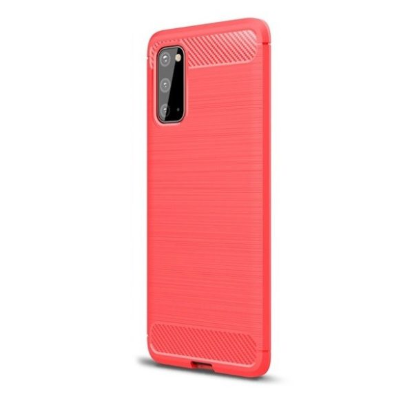 Samsung Galaxy J4 (2018) SM-J400F, TPU szilikon tok, közepesen ütésálló, szálcsiszolt, karbon minta, piros