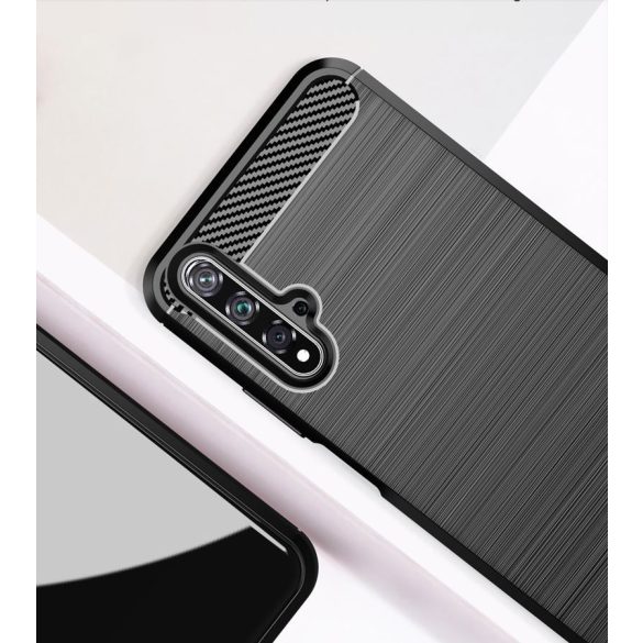 Huawei P40 Lite, Szilikon tok, közepesen ütésálló, szálcsiszolt, karbon minta, fekete