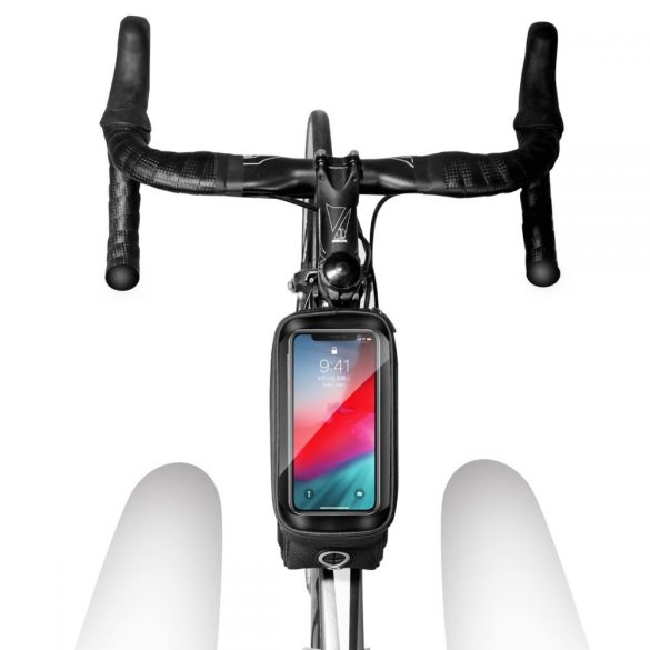 Univerzális, kerékpáros / biciklis tartó, táska, 6.5", vázra szerelhető, vízálló, fülhallgató kimenet, WildMan L, fekete