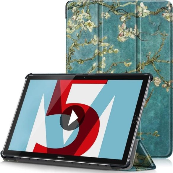 Huawei Mediapad M5 Lite 10.1, mappa tok, virág minta, Trifold, zöld/színes