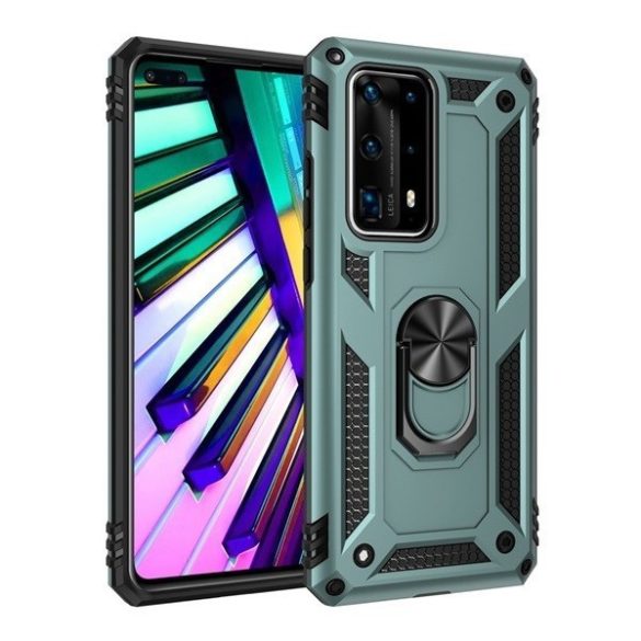 Huawei P20 Lite (2019), Műanyag hátlap védőtok, közepesen ütésálló, szilikon belső, telefontartó gyűrű, Defender, zöld