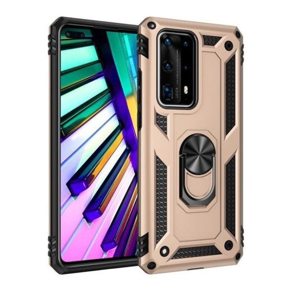 Huawei P Smart Pro (2019) / Y9s (2019), Műanyag hátlap védőtok, közepesen ütésálló, szilikon belső, telefontartó gyűrű, Defender, arany