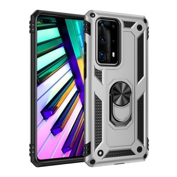 Huawei P Smart Pro (2019) / Y9s (2019), Műanyag hátlap védőtok, közepesen ütésálló, szilikon belső, telefontartó gyűrű, Defender, ezüst
