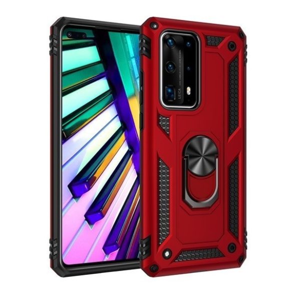 Huawei P Smart Pro (2019) / Y9s (2019), Műanyag hátlap védőtok, közepesen ütésálló, szilikon belső, telefontartó gyűrű, Defender, piros