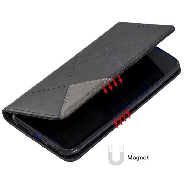Huawei Mate 30 Lite, Oldalra nyíló tok, stand, geometria minta, Wooze DesignBook, fekete