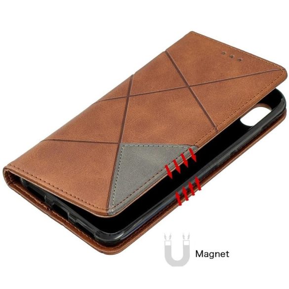 Huawei Mate 30 Lite, Oldalra nyíló tok, stand, geometria minta, Wooze DesignBook, barna