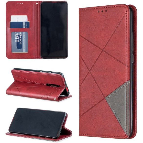 Huawei Y6p, Oldalra nyíló tok, stand, geometria minta, Wooze DesignBook, piros
