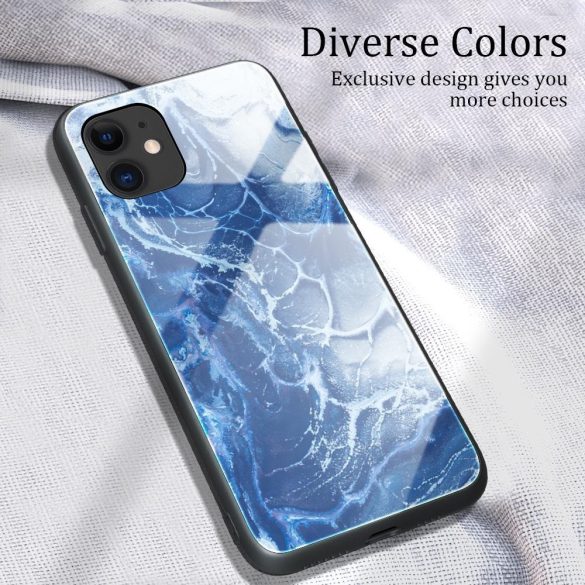 Apple iPhone 7 / 8 / SE (2020) / SE (2022), Szilikon védőkeret, edzett üveg hátlap, márvány minta, Wooze FutureCover, kék