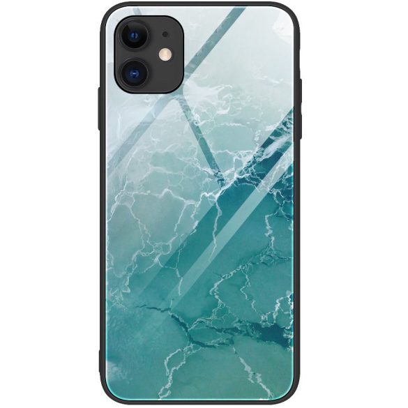 Huawei P Smart (2019) / Honor 10 Lite, Szilikon védőkeret, edzett üveg hátlap, márvány minta, Wooze FutureCover, világoszöld
