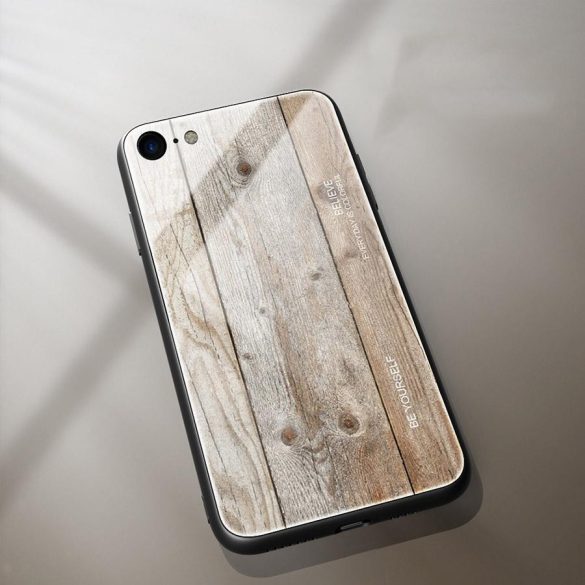 Apple iPhone 11 Pro Max, Szilikon védőkeret, edzett üveg hátlap, fa minta, Wooze Wood, világosbarna