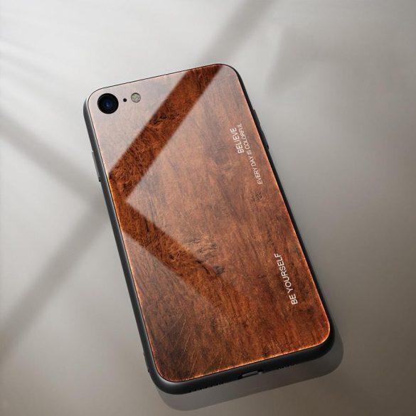 Xiaomi Redmi 7A, Szilikon védőkeret, edzett üveg hátlap, fa minta, Wooze Wood, barna