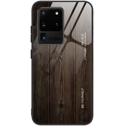   Xiaomi Redmi 8A, Szilikon védőkeret, edzett üveg hátlap, fa minta, Wooze Wood, sötétbarna