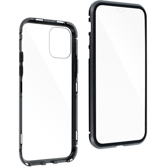 Huawei P20 Lite, Alumínium mágneses védőkeret, elő- és hátlapi üveggel, Magnetic Full Glass, átlátszó/fekete
