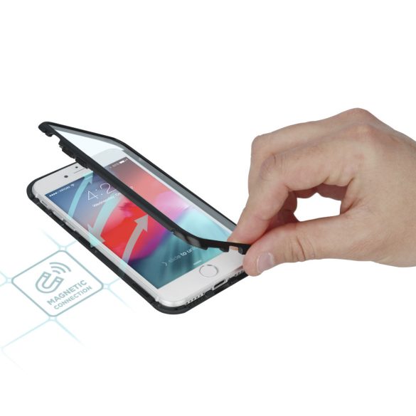 Samsung Galaxy Note 10 Lite SM-N770, Alumínium mágneses védőkeret, elő- és hátlapi üveggel, Magnetic Full Glass, átlátszó/fekete