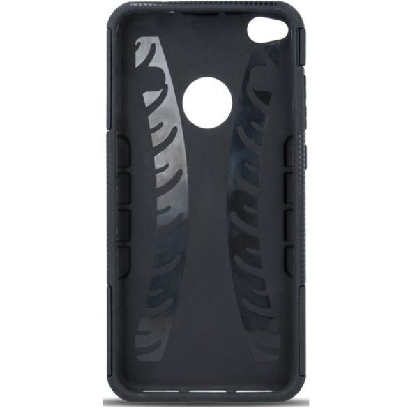 Apple iPhone 12 / 12 Pro, Műanyag hátlap védőtok, Defender, kitámasztóval és szilikon belsővel, autógumi minta, fekete