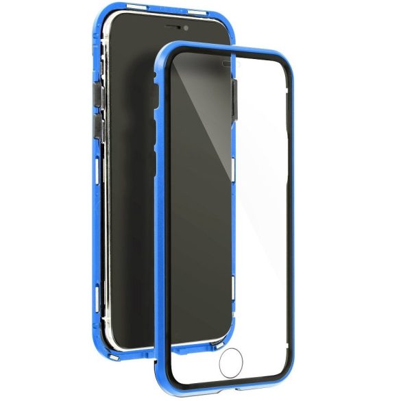Apple iPhone 12 / 12 Pro, Alumínium mágneses védőkeret, elő- és hátlapi üveggel, Magnetic Full Glass, átlátszó/kék