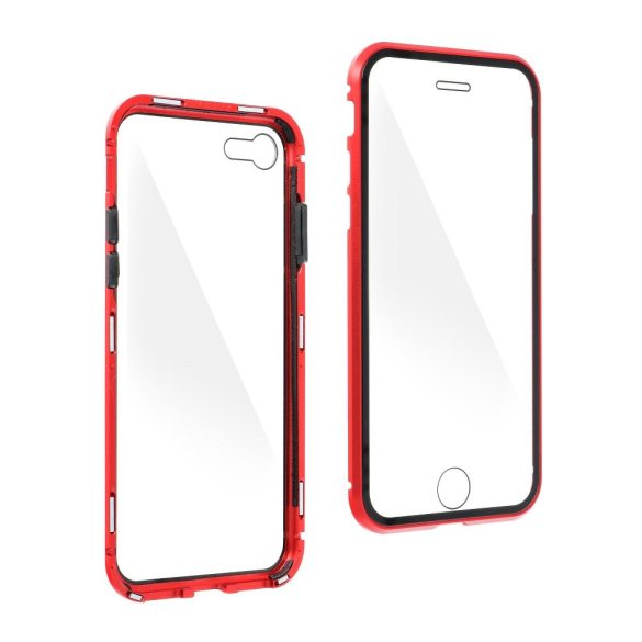 Apple iPhone 12 / 12 Pro, Alumínium mágneses védőkeret, elő- és hátlapi üveggel, Magnetic Full Glass, átlátszó/piros