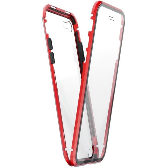 Apple iPhone 12 / 12 Pro, Alumínium mágneses védőkeret, elő- és hátlapi üveggel, Magnetic Full Glass, átlátszó/piros
