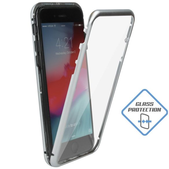 Apple iPhone 12 / 12 Pro, Alumínium mágneses védőkeret, elő- és hátlapi üveggel, Magnetic Full Glass, átlátszó/ezüst