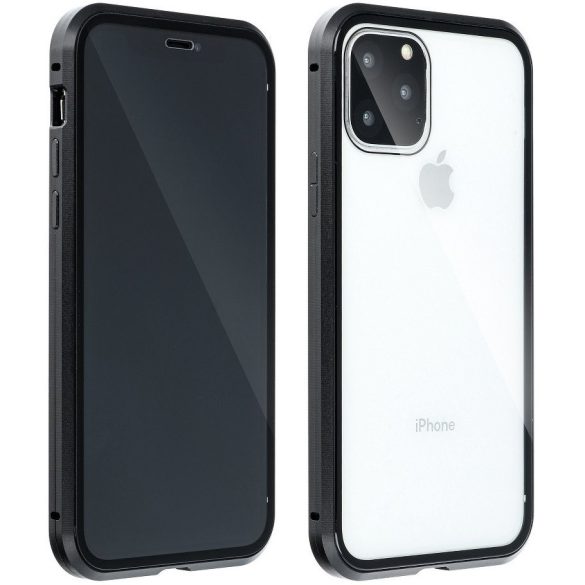 Apple iPhone 12 Pro Max, Alumínium mágneses védőkeret, elő- és hátlapi üveggel, Magnetic Full Glass, átlátszó/fekete