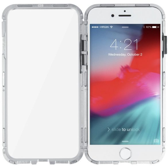 Apple iPhone 12 Pro Max, Alumínium mágneses védőkeret, elő- és hátlapi üveggel, Magnetic Full Glass, átlátszó/ezüst