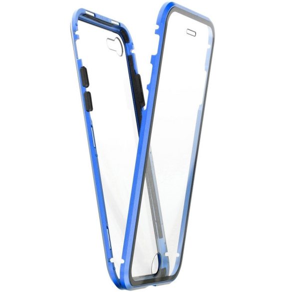 Apple iPhone 12 Pro Max, Alumínium mágneses védőkeret, elő- és hátlapi üveggel, Magnetic Full Glass, átlátszó/kék