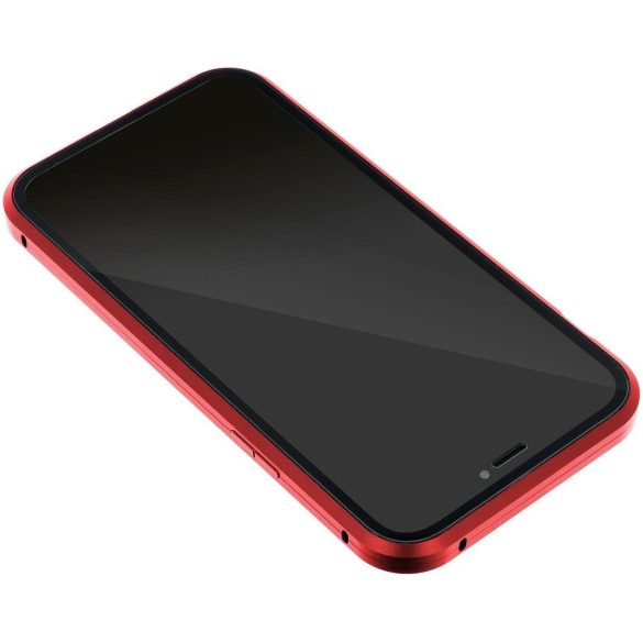 Apple iPhone 12 Pro Max, Alumínium mágneses védőkeret, elő- és hátlapi üveggel, Magnetic Full Glass, átlátszó/piros