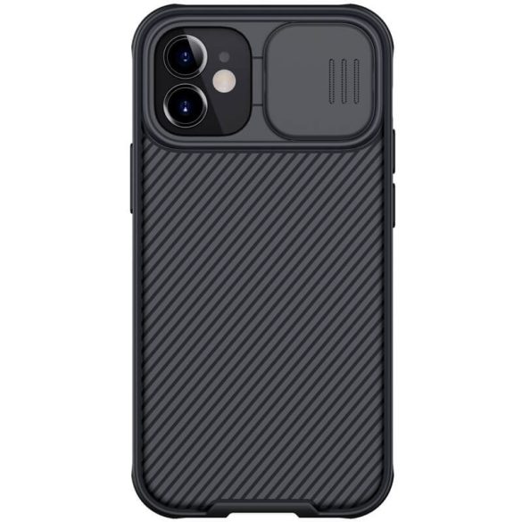 Apple iPhone 12 Mini, Műanyag hátlap védőtok, közepesen ütésálló, kamera védelem, csíkos minta, Nillkin CamShield, fekete