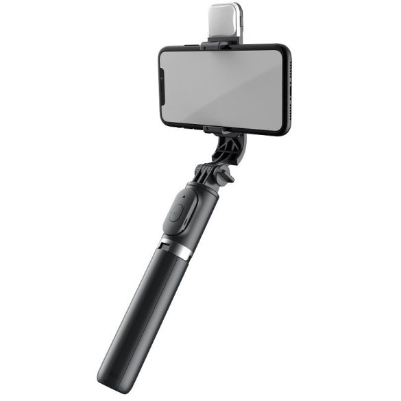Prémium selfie bot, 19 - 104 cm, 360°-ban forgatható, exponáló gombbal, bluetooth-os, v4.0, tripod állvány funkció, világítással, fekete