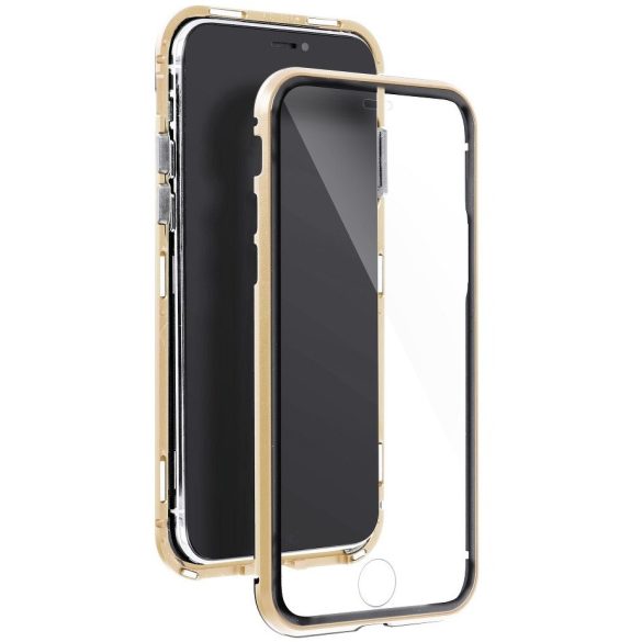 Samsung Galaxy A51 SM-A515F, Alumínium mágneses védőkeret, elő- és hátlapi üveggel, Magnetic Full Glass, átlátszó/arany