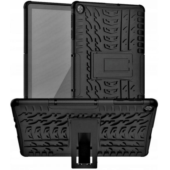 Huawei MatePad T10 (9.7) / T10s (10.1), Műanyag hátlap védőtok, Defender, kitámasztóval és szilikon belsővel, autógumi minta, fekete