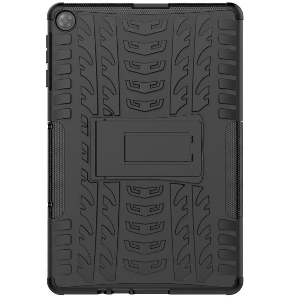 Huawei MatePad T10 (9.7) / T10s (10.1), Műanyag hátlap védőtok, Defender, kitámasztóval és szilikon belsővel, autógumi minta, fekete