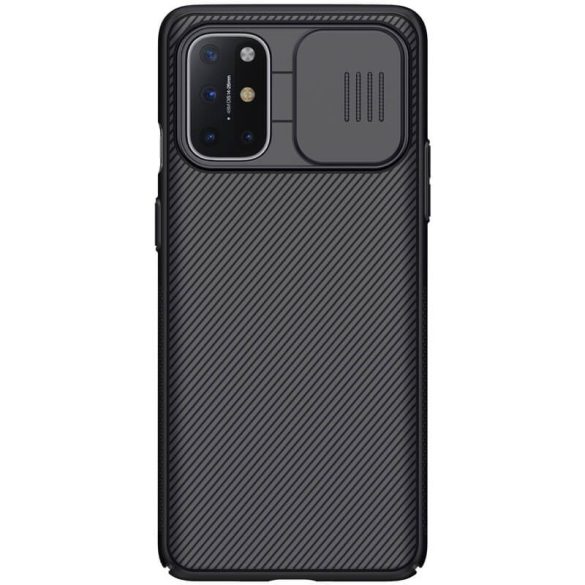 OnePlus 8T / 8T Plus 5G, Műanyag hátlap védőtok, közepesen ütésálló, kamera védelem, csíkos minta, Nillkin CamShield, fekete