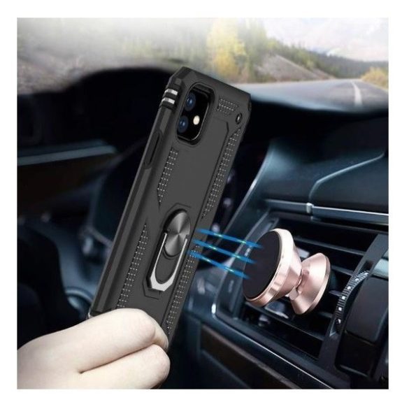 OnePlus Nord N10 5G, Műanyag hátlap védőtok, közepesen ütésálló, szilikon belső, telefontartó gyűrű, Defender, fekete