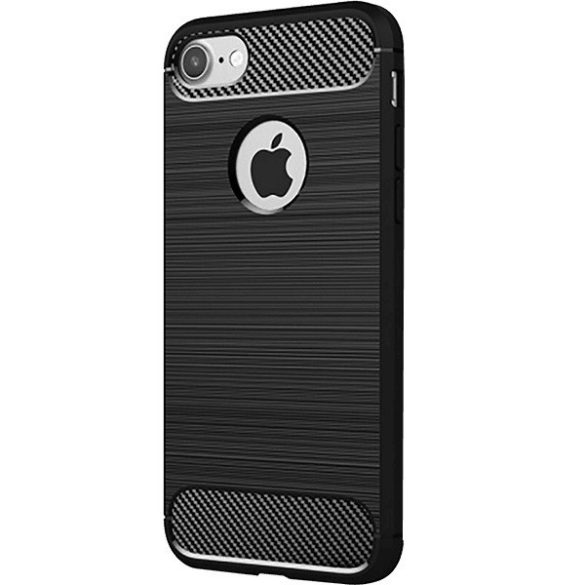 Apple iPhone 8, Szilikon tok, közepesen ütésálló, szálcsiszolt, karbon minta, logó kivágással, fekete