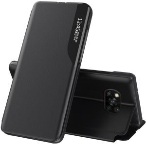 Huawei P40 Lite, Oldalra nyíló tok, stand, hívás mutatóval, Wooze FashionBook, fekete