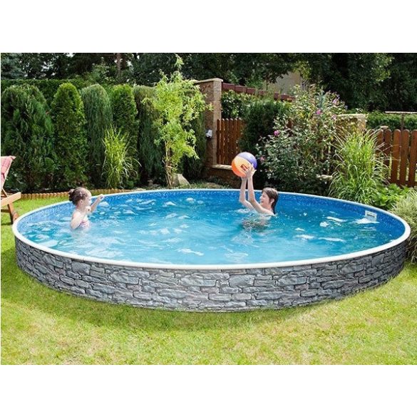 Azuro round Stone fémpalástos medence, szűrő nélkül, kő minta, D400 x 120 cm, szürke