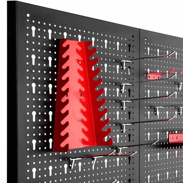 Fém, fali szerszámtartó panel kampókkal és tárolókkal