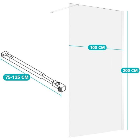 Walk-in 8 mm-es edzettüveg zuhanyfal, 100 x 200 cm