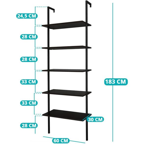 Falra rögzíthető 5 szintes tároló, fekete